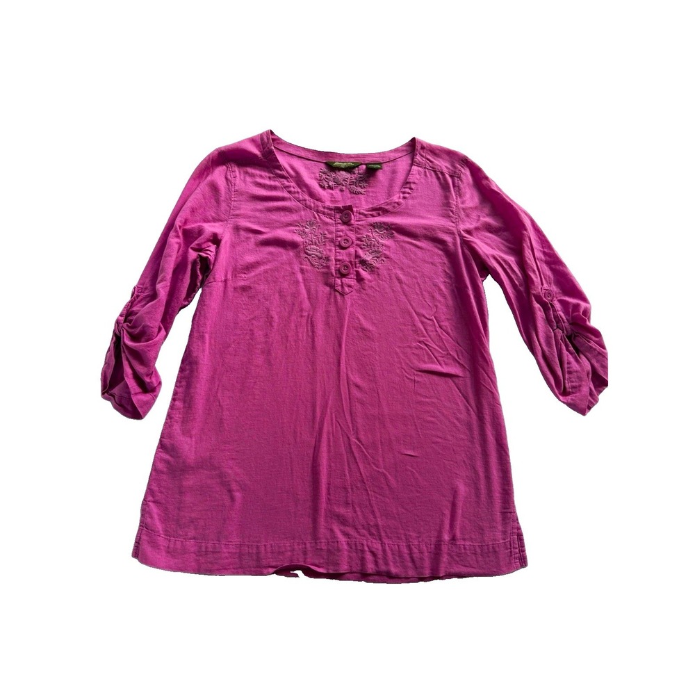 Eddie Bauer Women's Embroidered 3/4 Sleeve Tunic Top Henley Pink Size Large
